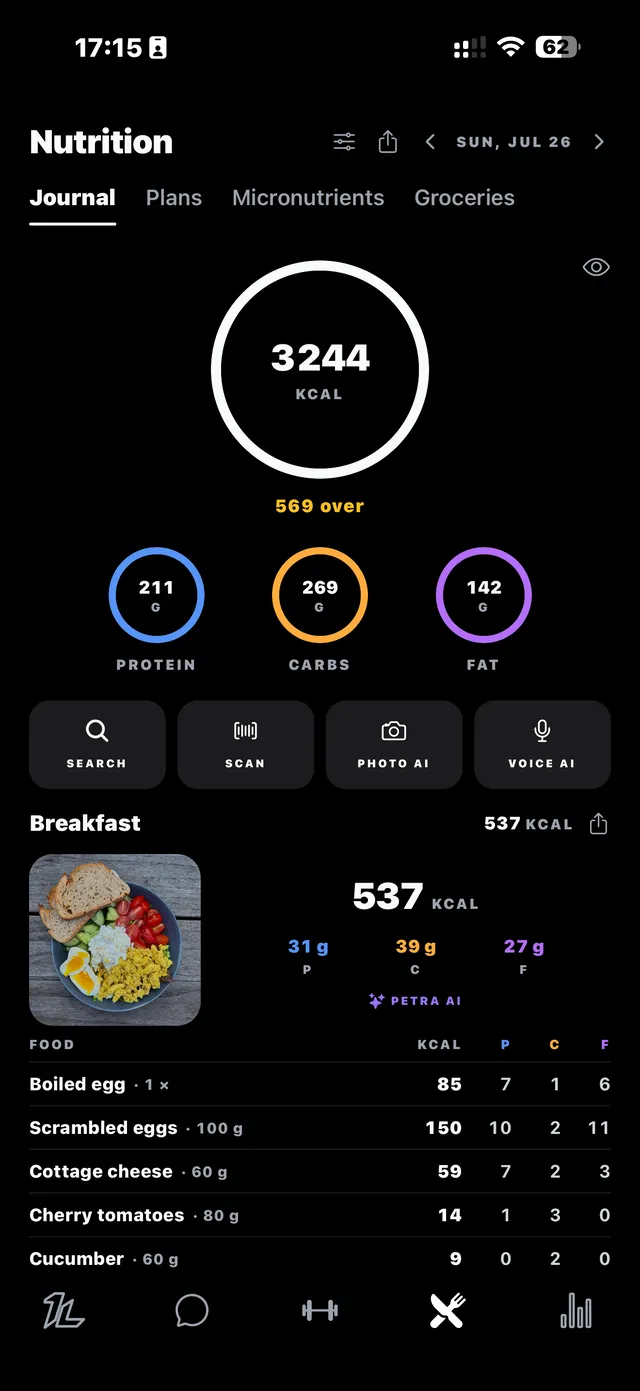 Écran Nutrition de 1LIFT : calories, protéines, glucides et lipides