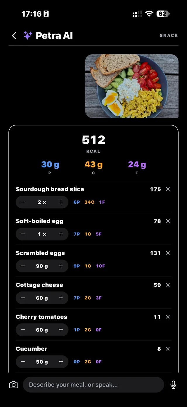 Pétra IA analyse la photo d’un repas dans 1LIFT